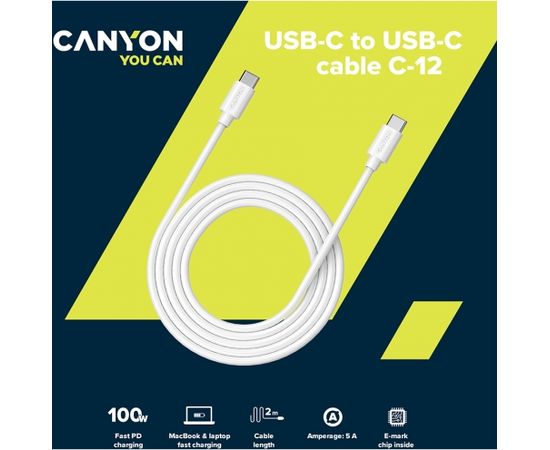 CANYON UC-12, cable 100W, 20V/ 5A, typeC to Type C, 2M with Emark, Power wire :20AWG*4C,Signal wires :28AWG*4C,OD4.5mm, PVC ,white