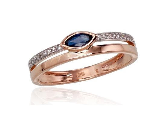 Золотое кольцо #1100418(Au-R+PRh-W)_DI+SA, Красное Золото 585°, родий (покрытие), Бриллианты (0,057Ct), Сапфир (0,14Ct), Размер: 17, 1.65 гр.