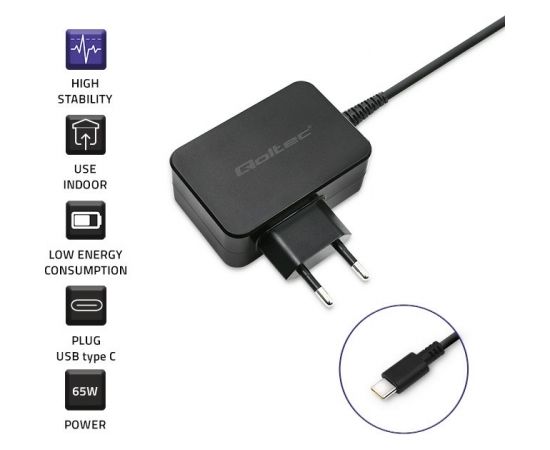 Qoltec 51024 Charger | 65W | 5-20V | 3-3.25A | USB type C | PD | Black