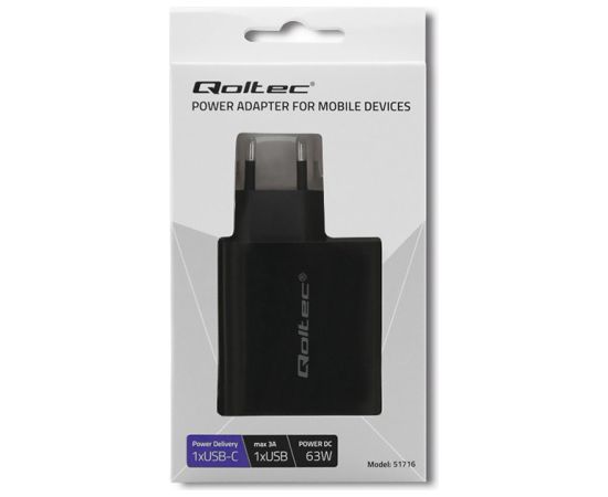 Qoltec 51716 Charger | 63W | 5-20V | 1.5-3A | USB type C PD | USB QC 3.0 | Black