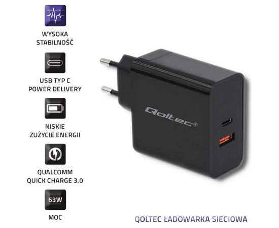 Qoltec 51716 Charger | 63W | 5-20V | 1.5-3A | USB type C PD | USB QC 3.0 | Black