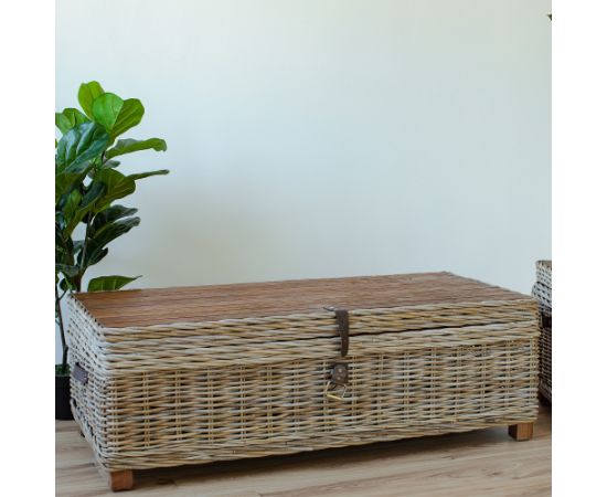 Сундук-столик вспомогательный EGROS 120x60xH39см, деревянная рама с плетением из ротанга, цвет: серый