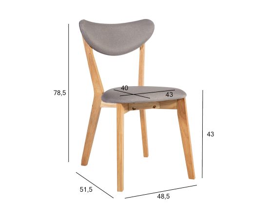 Стул JONNA 48,5x51,5x78,5см, сиденье покрыто серым текстилем, ножки и рама: каучуковое дерево, цвет: натуральный