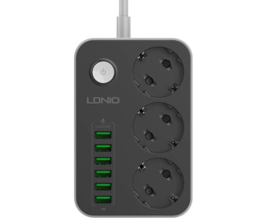 Power strip with 3 AC sockets, 6x USB, LDNIO SE3631, 1.6m (black)