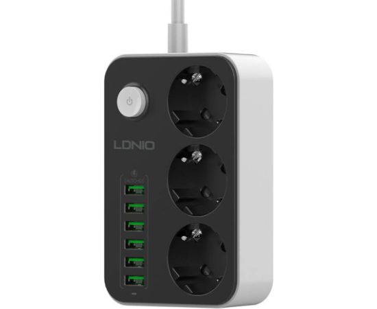 Power strip with 3 AC sockets, 6x USB, LDNIO SE3631, 1.6m (black)