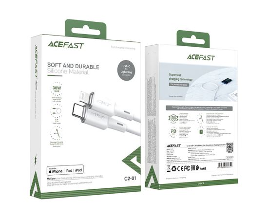 Кабель Acefast MFI USB Type C - Lightning 1.2m, 30W, 3A белый (C2-01 белый)