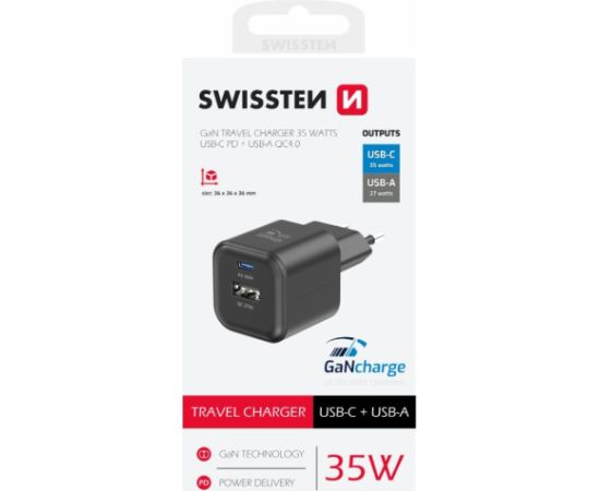 Swissten 3арядное устройство GaN USB-C 35W PD / USB-A 27W QC