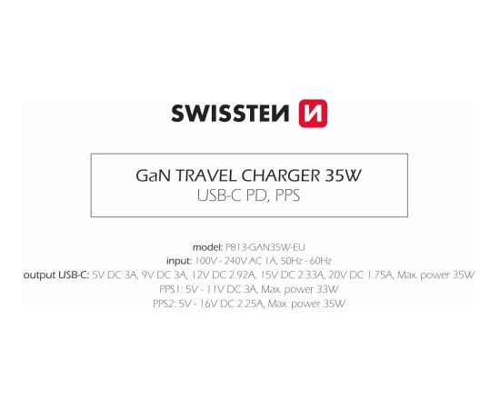 Swissten Зарядное устройство GaN USB-C 35W PD