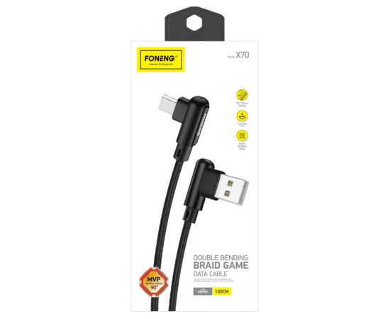 Foneng X70 Angled USB to Micro USB Cable, 3A, 1m (Black)