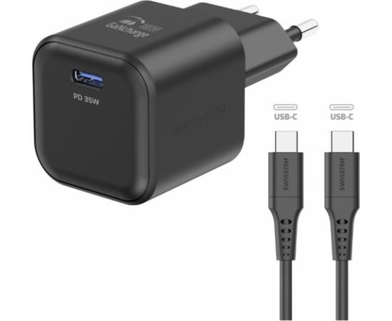 Swissten 3арядное устройство GaN USB-C 35W PD + Kабель для передачи данных USB-C - USB-C 1.2m