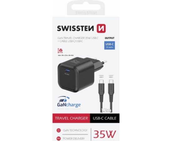 Swissten 3арядное устройство GaN USB-C 35W PD + Kабель для передачи данных USB-C - USB-C 1.2m