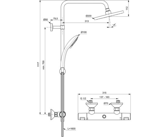 Ideal Standard Ceratherm T25 dušas sitēma ar termostatu - gab.