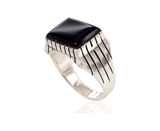 Серебряное кольцо #2101357(POx-Bk)_ON, Серебро 925°, оксид (покрытие), Оникс, Размер: 20.5, 10.5 гр.
