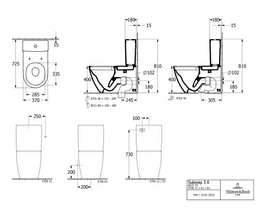 Villeroy & Boch Subway 3.0 poda apakša, Rimless, 370x710mm, universāls izvads, TwistFlush, SupraFix, balts - gab.