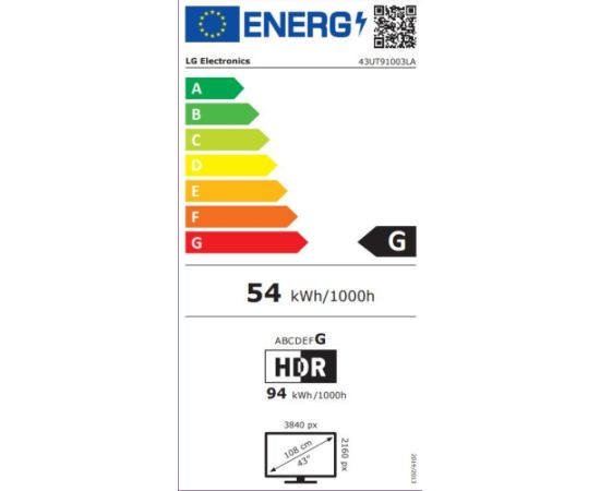 TV Set LG 43" 4K/Smart 3840x2160 Wireless LAN Bluetooth webOS 43UT91003LA