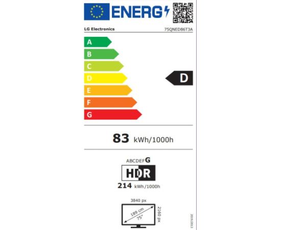 TV Set LG 75" 4K/Smart 3840x2160 Wireless LAN Bluetooth webOS 75QNED86T3A