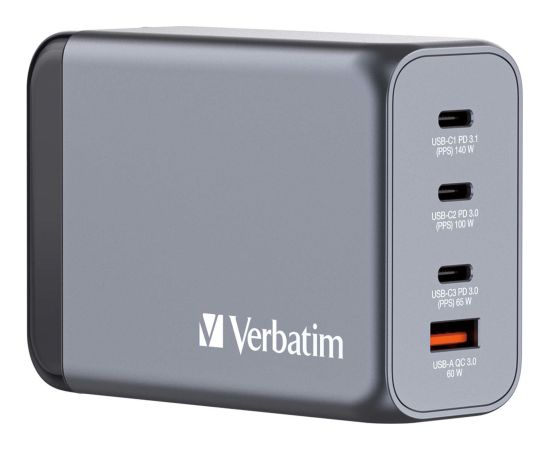 Verbatim GaN charger 240W, 1x USB-A, 3x USB-C (grey, PD 3.0, QC 3.0)