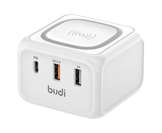 Inductive charger 10W Budi 317TE, 2x USB + USB-C, 18W (white)