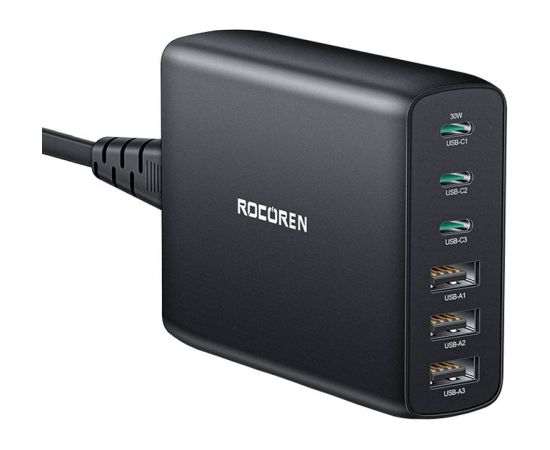 Wall charger GaN Rocoren 3x USB-C, 3x USB, 100W (black)