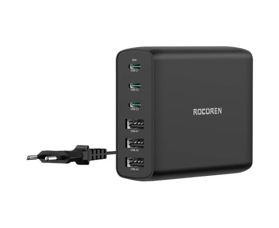 Wall charger GaN Rocoren 3x USB-C, 3x USB, 100W (black)