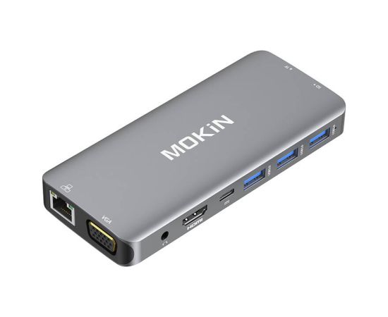 MOKiN 10 in 1 Adapter Hub USB-C to 3x USB 3.0 + USB-C charging + HDMI + 3.5mm audio + VGA + 2x RJ45 + Micro SD Reader (silver)