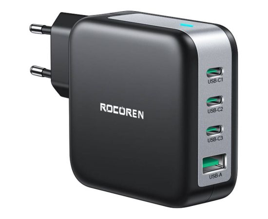 Wall charger GaN Rocoren 3x USB-C, 1x USB, Power Delivery 3.0, 100W (black)