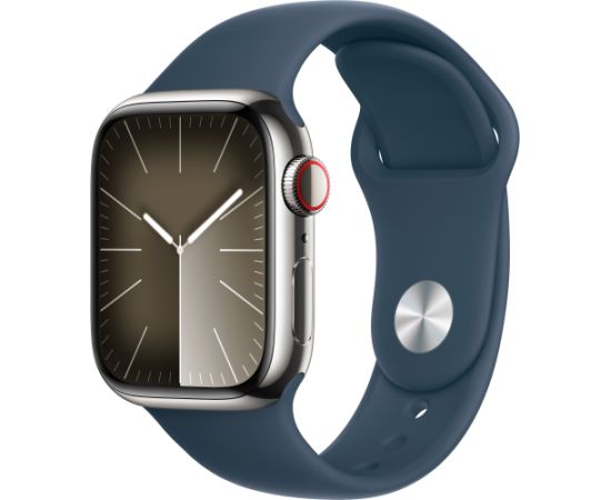 Apple Watch Series 9, Smartwatch (silver/dark blue, stainless steel, 41 mm, sports strap, cellular)