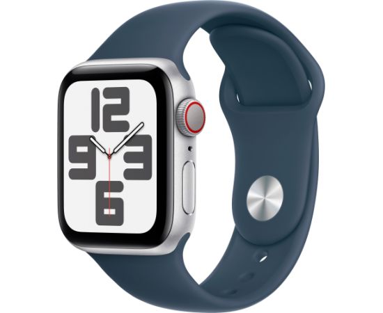 Apple Watch SE (2023), Smartwatch (silver/blue, 40 mm, sports strap, aluminum, cellular)