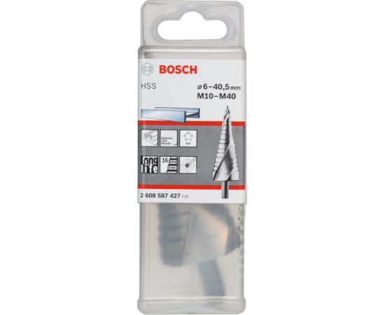 Bosch HSS step drill, 6mm - 40.5mm, M 10 - M 40 (16 steps, with spiral groove)