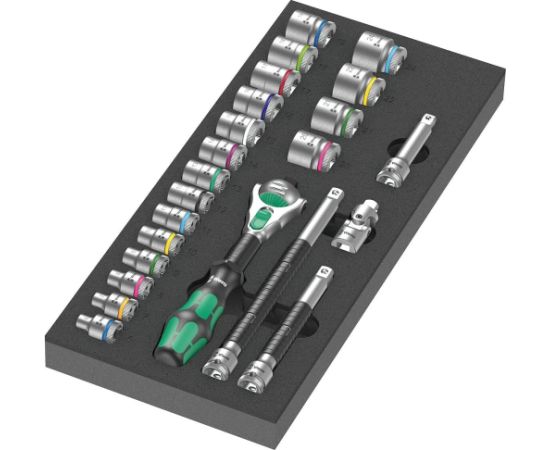 Wera 9721 foam tray 8000 B Zyklop ratchet 3/8" set 1, 23 pieces, tool set (black/grey, ratchet and socket set, in foam tray for workshop trolley)