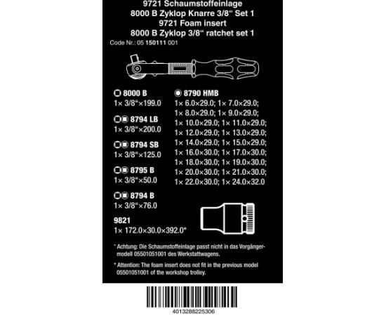 Wera 9721 foam tray 8000 B Zyklop ratchet 3/8" set 1, 23 pieces, tool set (black/grey, ratchet and socket set, in foam tray for workshop trolley)