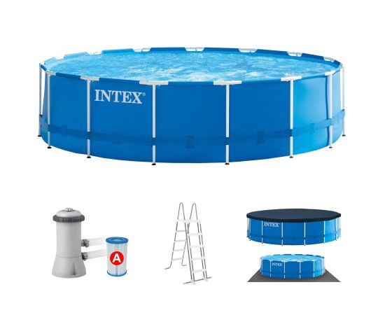 Intex Frame Pool Set Rondo, 457 x 122cm, swimming pool (dark blue/white, cartridge filter system ECO 638R)