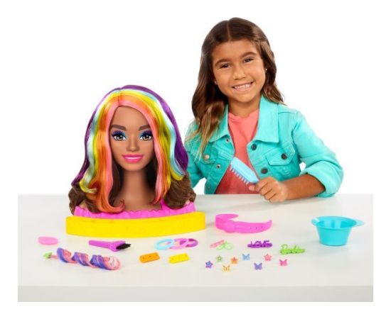 Lalka Barbie Mattel Głowa do stylizacji Neonowa tęcza Brązowe włosy + akcesoria Color Reveal HMD80