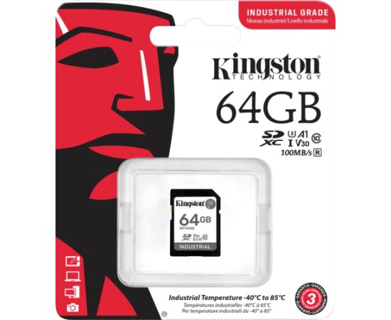 Kingston Industrial 64GB SDXC Memory Card (Black, UHS-I U3, Class 10, V30, A1)