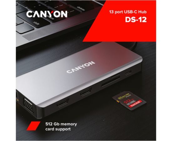 CANYON hub DS-12 13in1 4k USB-C Dark Grey