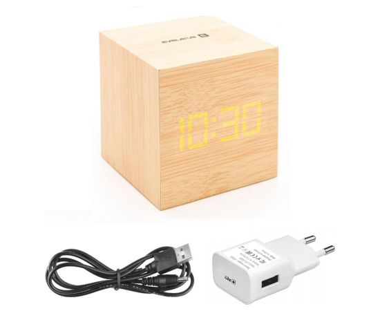 Evelatus EMC02 Digitāls koka kuba Pulkstenis Modinātājs ar termometru + USB adapteris Dzeltens