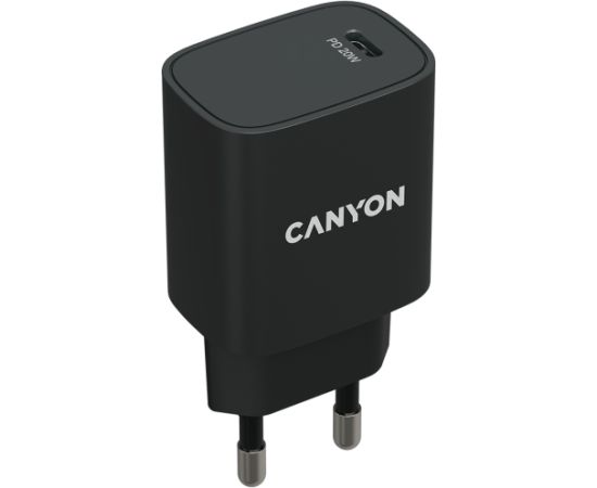 CANYON H-20, PD 20W Input: 100V-240V, Output: 1 port charge: USB-C:PD 20W (5V3A/9V2.22A/12V1.67A) , Eu plug, Over- Voltage ,  over-heated, over-current and short circuit protection Compliant with CE RoHs,ERP. Size: 80*42.3*30mm, 55g, Black