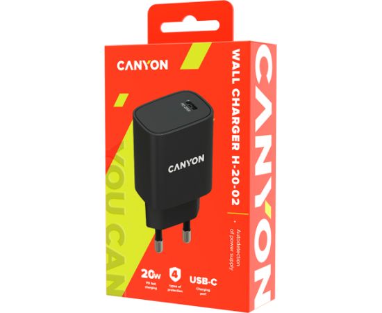 CANYON H-20, PD 20W Input: 100V-240V, Output: 1 port charge: USB-C:PD 20W (5V3A/9V2.22A/12V1.67A) , Eu plug, Over- Voltage ,  over-heated, over-current and short circuit protection Compliant with CE RoHs,ERP. Size: 80*42.3*30mm, 55g, Black