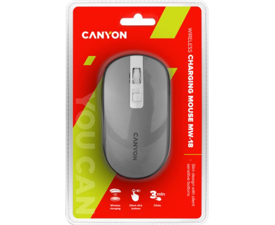 CANYON MW-18, 2.4GHz Wireless Rechargeable Mouse with Pixart sensor, 4keys, Silent switch for right/left keys,DPI: 800/1200/1600, Max. usage 50 hours for one time full charged, 600mAh Li-poly battery, Dark grey, cable length 0.6m, 116.4*63.3*32.3mm,