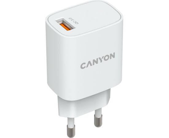 CANYON H-18-01, Wall charger with 1*USB, QC3.0 18W, Input: 100V-240V, Output: DC 5V/3A,9V/2A,12V/1.5A, Eu plug, OCP/OVP/OTP/SCP, CE, RoHS ,ERP. Size: 80.17*41.23*28.68mm, 50g, White