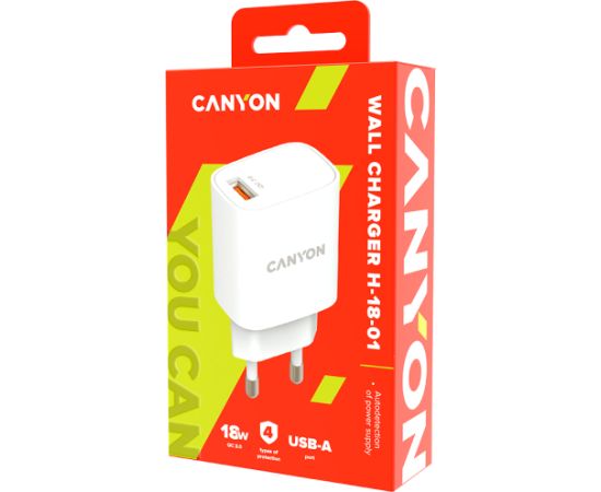 CANYON H-18-01, Wall charger with 1*USB, QC3.0 18W, Input: 100V-240V, Output: DC 5V/3A,9V/2A,12V/1.5A, Eu plug, OCP/OVP/OTP/SCP, CE, RoHS ,ERP. Size: 80.17*41.23*28.68mm, 50g, White