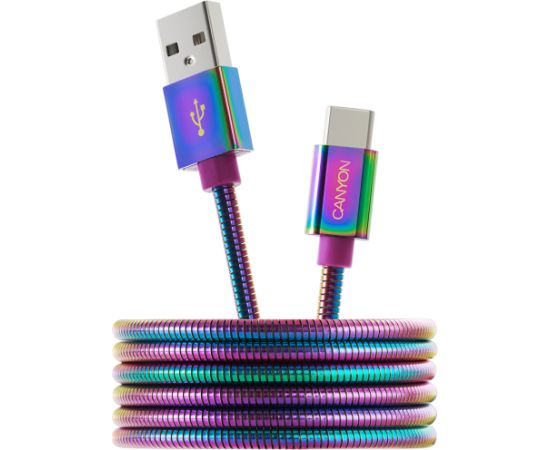 CANYON UC-7, Type C USB 2.0 standard cable, Power output 5V/9V 2A, OD 3.8mm, metal shell, cable length 1.2m, Rainbow, 14*6*1000mm, 0.04kg