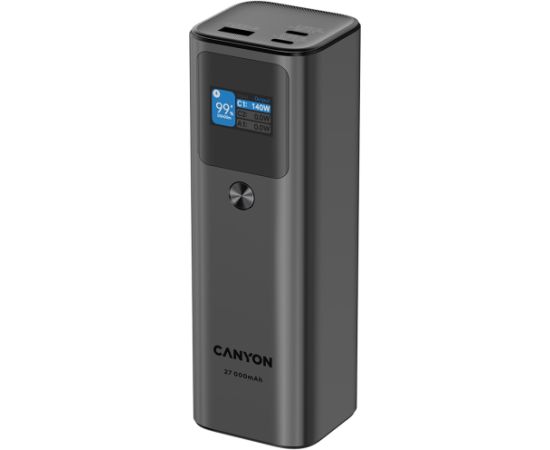 CANYON PB-2010, allowed for air travel power bank 27000mAh/97.2Wh Li-poly battery, in/out:2xUSB-C PD3.1 140W, out:USB-A QC 3.0 22.5W,TFT display,Dark Grey