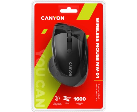 CANYON MW-01, 2.4GHz wireless mouse with 6 buttons, optical tracking - blue LED, DPI 1000/1200/1600, Black pearl glossy, 113x71x39.5mm, 0.07kg