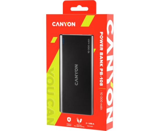 CANYON PB-108, Power bank 10000mAh Li-poly battery, Input 5V/2A, Output 5V/2.1A(Max), 140*68*16mm, 0.230Kg, Black