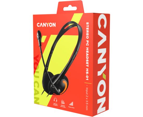 CANYON HS-01, PC headset with microphone, volume control and adjustable headband, cable length 1.8m, Black/Orange, 163*128*50mm, 0.069kg