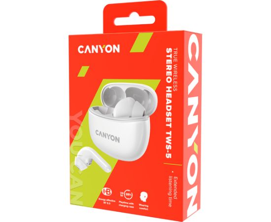 CANYON TWS-5, Bluetooth headset, with microphone, BT V5.3 JL 6983D4, Frequence Response:20Hz-20kHz, battery EarBud 40mAh*2+Charging Case 500mAh, type-C cable length 0.24m, size: 58.5*52.91*25.5mm, 0.036kg, White