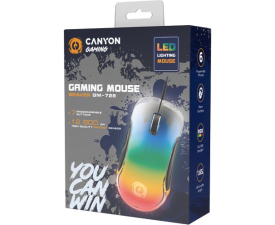 CANYON Braver GM-728, Optical Crystal gaming mouse, Instant 825, ABS material, huanuo 10 million cycle switch, 1.65M TPE cable with magnet ring, weight: 114g, Size: 122.6*66.2*38.2mm, Black