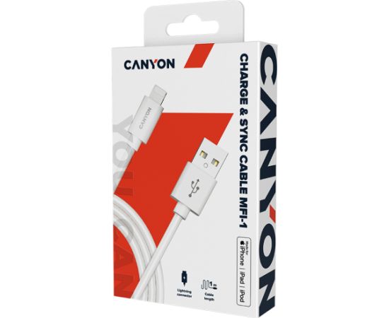 CANYON кабель, цвет - белый, разъем USB-Lightning, сертификат MFI/Apple, длина 1 м.