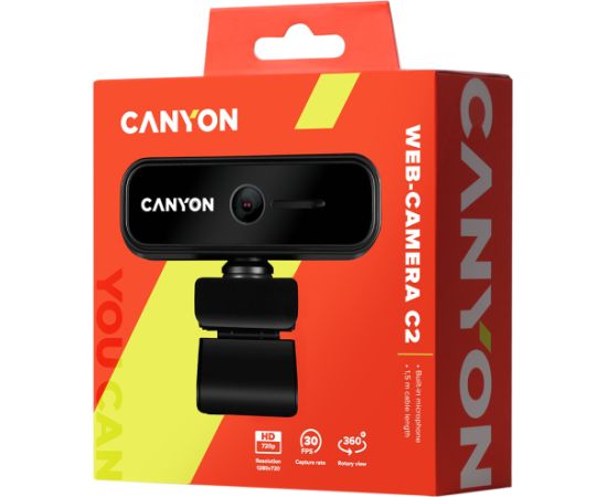 CANYON C2, 720P HD 1.0Mega fixed focus webcam with USB2.0. connector, 360° rotary view scope, 1.0Mega pixels, built in MIC, Resolution 1280*720(1920*1080 by interpolation), viewing angle 46°, cable length 1.5m, 90*60*55mm, 0.104kg, Black